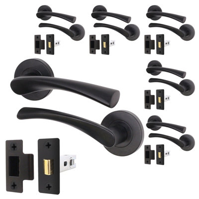 AFIT Matt Black Door Handle Set - Pack 6 - Includes Door Handles & Latch (64mm) - Novi Range