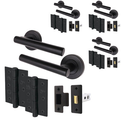 AFIT Matt Black Door Handle Set - Pack of 4 - Handles, Latch (64mm), Hinges (76mm) Olvera Range