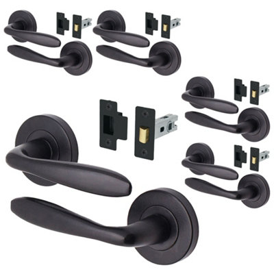 AFIT Matt Black Door Handle Sets - Pack 5 - Includes Black Door Handles & 64mm Latch - Santeau Range