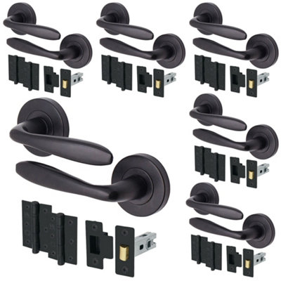 AFIT Matt Black Door Handle Sets - Pack 6 - Includes Black Door Handles & 64mm Latch & Hinges - Santeau Range