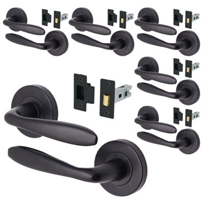 AFIT Matt Black Door Handle Sets - Pack 6 - Includes Black Door Handles & 64mm Latch - Santeau Range