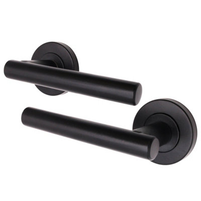 AFIT - Matt Black Door Handles - 1 Pair Matt Black Lever on Rose Round T-Bar Handles- Olvera Range