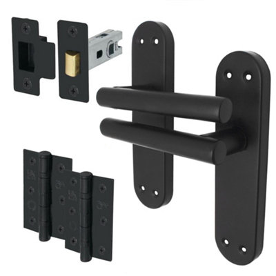 AFIT Matt Black Door Handles Latch Kit - 64mm Latch & 76mm Hinges T-Bar Door Handle on Backplate 175x42mm Latch Kit