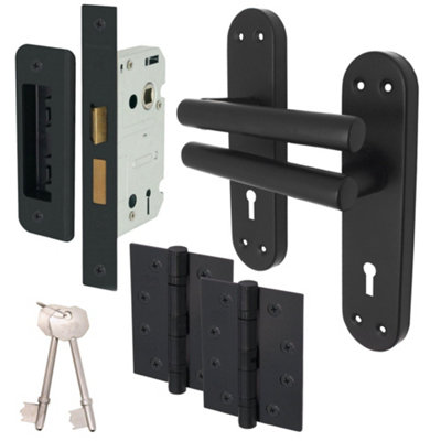 AFIT Matt Black Door Handles Lock Kit - 64mm Lock & 76mm Hinges T-Bar Door Handle on Backplate 175x42mm Lock Kit