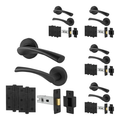 AFIT Matt Black Door Handles Round Rose Latch Kit, 5 Pairs Internal Lever Handles, Latches 64mm and Hinges - Novi