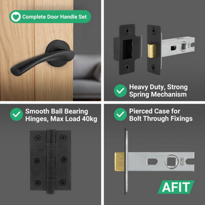 AFIT Matt Black Door Handles Round Rose Latch Kit, 5 Pairs Internal Lever Handles, Latches 64mm and Hinges - Novi