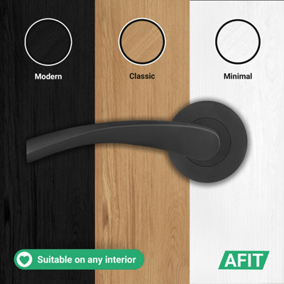 AFIT Matt Black Door Handles Round Rose Latch Kit, 5 Pairs Internal Lever Handles, Latches 64mm and Hinges - Novi