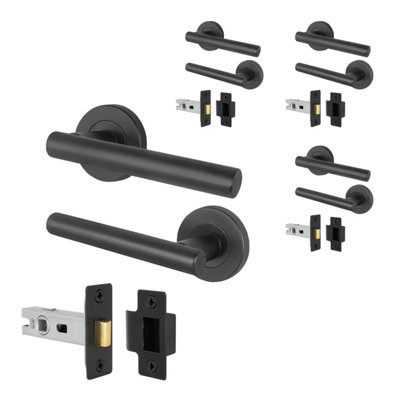 AFIT Matt Black Door Handles Round Rose with Latch, 4 Pairs of Internal Lever Handles, Latch 64mm - Olvera