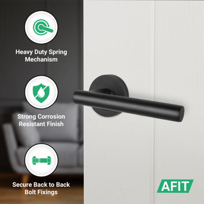 AFIT Matt Black Door Handles Round Rose with Latch, 4 Pairs of Internal Lever Handles, Latch 64mm - Olvera