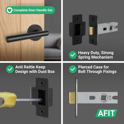 AFIT Matt Black Door Handles Round Rose with Latch, 4 Pairs of Internal Lever Handles, Latch 64mm - Olvera