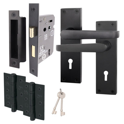 AFIT Matt Black Door Handles Set - Internal Door Handles, Sashlock (64mm) & Hinges (76mm) - Straight Pattern