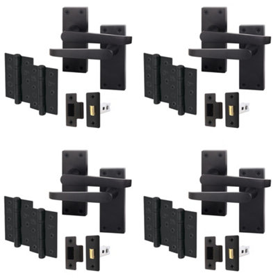 AFIT Matt Black Door Handles Set - Pack 4 - Internal Door Handles, Latch (64mm) & Hinges (76mm) - Straight Pattern