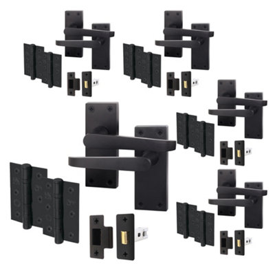 AFIT Matt Black Door Handles Set - Pack 5 - Internal Door Handles, Latch (64mm) & Hinges (76mm) - Straight Pattern