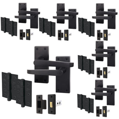 AFIT Matt Black Door Handles Set - Pack 6 - Internal Door Handles, Latch (64mm) & Hinges (76mm) - Straight Pattern