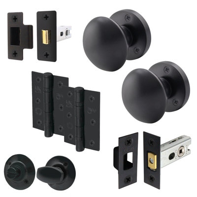 AFIT Matt Black Door Knob Set - 1 Pair of Knobs (55mm), Latch & Deadbolt (76mm), Hinges (76mm) & Turn & Release