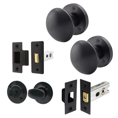 AFIT Matt Black Door Knob Set - 1 Pair of Victorian Mortice Knobs (55mm), Latch & Deadbolt Kit (76mm) & Turn & Release