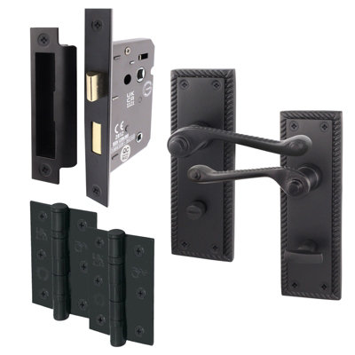AFIT Matt Black Georgian Bathroom Door Handle Set - Internal Door Handles, Lock (64mm) & Hinges (76mm)