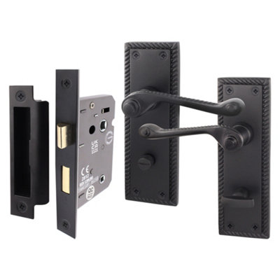 AFIT Matt Black Georgian Bathroom Door Handle Set - Internal Door Handles & Lock (64mm)