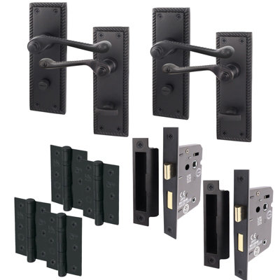 AFIT Matt Black Georgian Bathroom Door Handle Set - Pack 2 - Internal Door Handles, Lock (64mm) & Hinges (76mm)