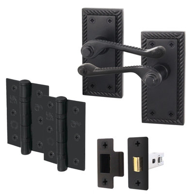 AFIT Matt Black Georgian Scroll Door Handle Latch Set - Internal Door Handles, Latch (64mm) & Hinges (76mm)