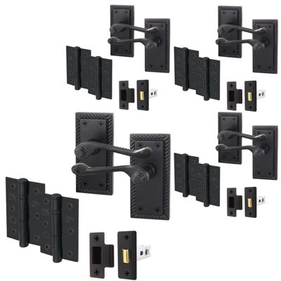 AFIT Matt Black Georgian Scroll Door Handle Latch Set - Pack 4 - Internal Door Handles, Latch (64mm) & Hinges (76mm)