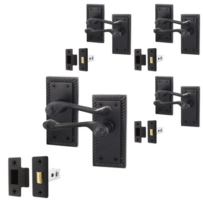 AFIT Matt Black Georgian Scroll Door Handle Latch Set - Pack 4 - Internal Door Handles & Latch (64mm)