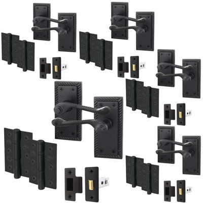 AFIT Matt Black Georgian Scroll Door Handle Latch Set - Pack 5 - Internal Door Handles, Latch (64mm) & Hinges (76mm)