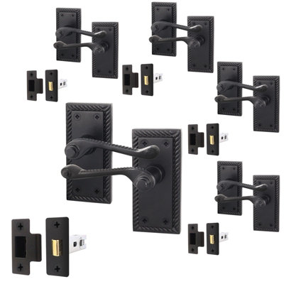 AFIT Matt Black Georgian Scroll Door Handle Latch Set - Pack 5 - Internal Door Handles & Latch (64mm)