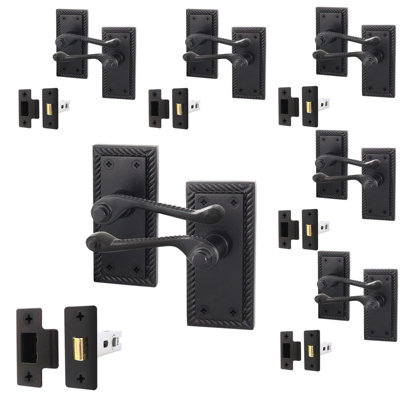 AFIT Matt Black Georgian Scroll Door Handle Latch Set - Pack 6 - Internal Door Handles & Latch (64mm)