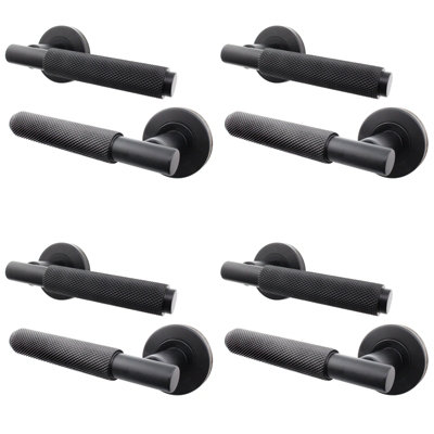 AFIT Matt Black Internal Door Handle - 4 Pairs Knurled Matt Black Lever on Rose Round Handles - Dixon Range