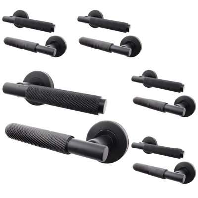 AFIT Matt Black Internal Door Handle - 5 Pairs Knurled Matt Black Lever on Rose Round Handles - Dixon Range