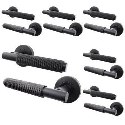 AFIT Matt Black Internal Door Handle - 6 Pairs Knurled Matt Black Lever on Rose Round Handles - Dixon Range