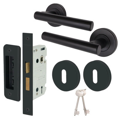 AFIT Matt Black Key Lock Door Handle Set - Handles, Sash Lock & 2 Escutcheons - Olvera Range