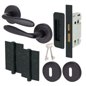 AFIT - Matt Black Key Lock Door Handle Set Internal Door Handles 80mm Lock 76mm Hinges Santeau Range