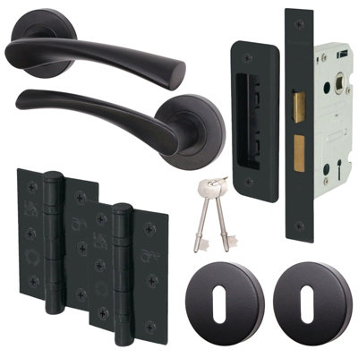 AFIT Matt Black Key Lock Door Handle Set Round Sash Lock, Hinges (76mm) & 2 Escutcheons Novi Range