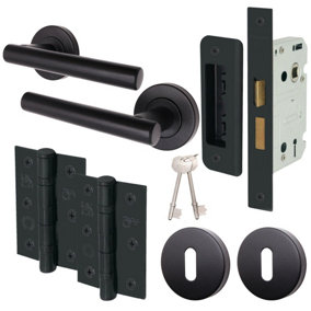 AFIT Matt Black Key Lock Door Handle Set - Sash Lock, Hinges (76mm) & 2 Escutcheons Olvera Range