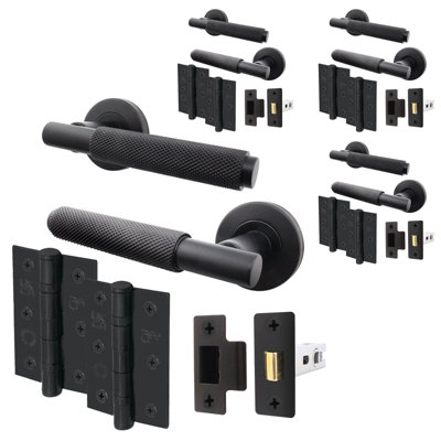 AFIT Matt Black Knurled Door Handle Set - Pack 4 - Internal Knurled Door Handles, 64mm Latch & 76mm Hinges - Dixon Range