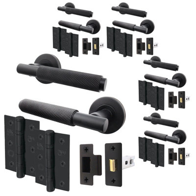 AFIT Matt Black Knurled Door Handle Set - Pack 5 - Internal Knurled Door Handles, 64mm Latch & 76mm Hinges - Dixon Range