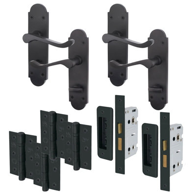 AFIT Matt Black Shaped Victorian Scroll Bathroom Door Handle Set - Pack 2 - Internal Door Handles, Lock (64mm) & Hinges (76mm)