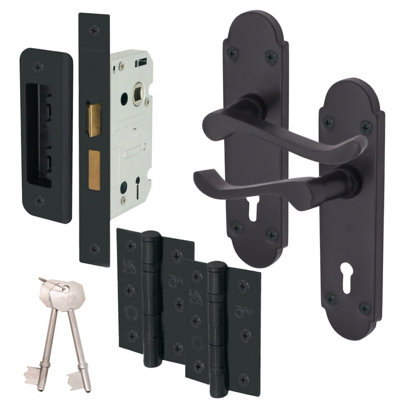 AFIT Matt Black Shaped Victorian Scroll Door Handle Lock Set - Internal Door Handles, Lock (64mm) & Hinges (76mm)
