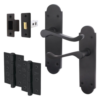 AFIT Matt Black Shaped Victorian Scroll Door Handle Set - Internal Door Handles, Latch (64mm) & Hinges (76mm)