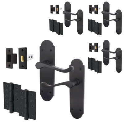 AFIT Matt Black Shaped Victorian Scroll Door Handle Set - Pack 4 - Internal Door Handles, Latch (64mm) & Hinges (76mm)