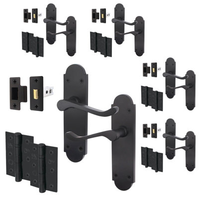 AFIT Matt Black Shaped Victorian Scroll Door Handle Set - Pack 5 - Internal Door Handles, Latch (64mm) & Hinges (76mm)