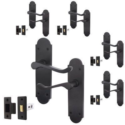 AFIT Matt Black Shaped Victorian Scroll Door Handle Set - Pack 5 - Internal Door Handles & Latch (64mm)