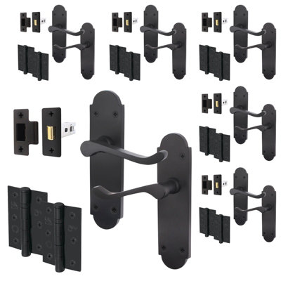 AFIT Matt Black Shaped Victorian Scroll Door Handle Set - Pack 6 - Internal Door Handles, Latch (64mm) & Hinges (76mm)