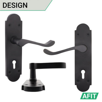 AFIT Matt Black Shaped Victorian Scroll Internal Door Handles for Lock - Keyhole