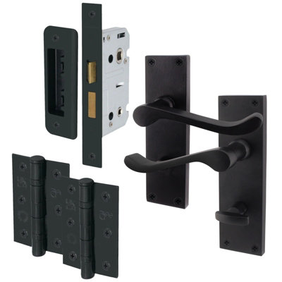 AFIT Matt Black Traditional Victorian Scroll Bathroom Door Handle Set - Internal Door Handles, Lock (64mm) & Hinges (76mm)