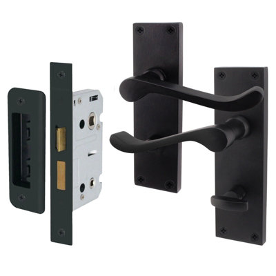 AFIT Matt Black Traditional Victorian Scroll Bathroom Door Handle Set - Internal Door Handles & Lock (64mm)