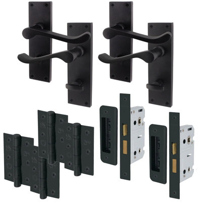 AFIT Matt Black Traditional Victorian Scroll Bathroom Door Handle Set - Pack 2 - Internal Door Handles, Lock (64mm), Hinges (76mm)