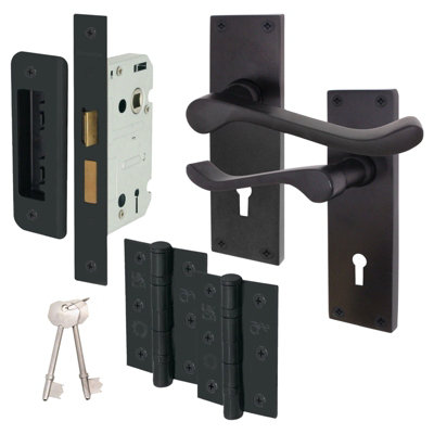 AFIT Matt Black Traditional Victorian Scroll Door Handle Lock Set - Internal Door Handles, Lock (64mm) & Hinges (76mm)